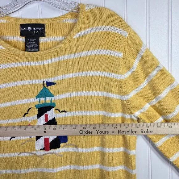 Vintage Sag Harbor Sweater Medium Yellow Lighthouse Coastal Nautical Preppy Y2K - Picture 5 of 10